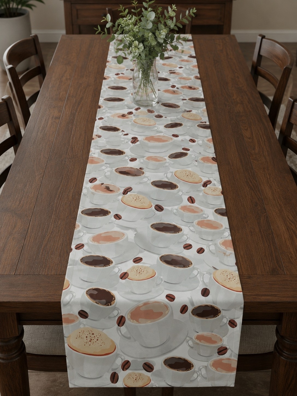 Coffee Cup Table Runner - Neutral Beige & Brown Dining Accent